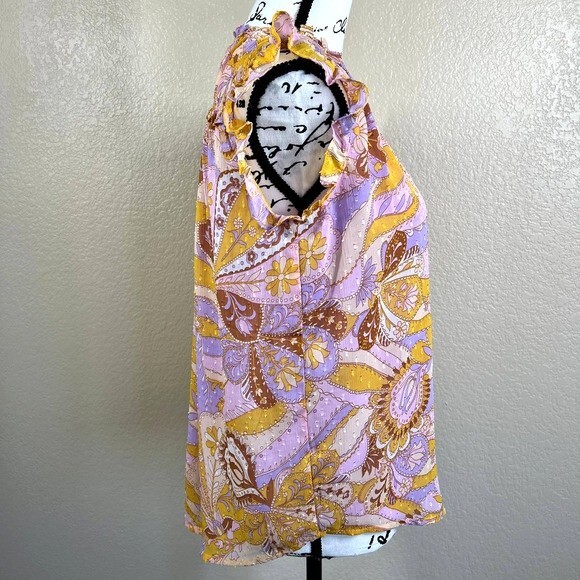 Maison d' Amelie yellow blouse purple paisley print top flutter sleeve size S - Picture 3 of 15